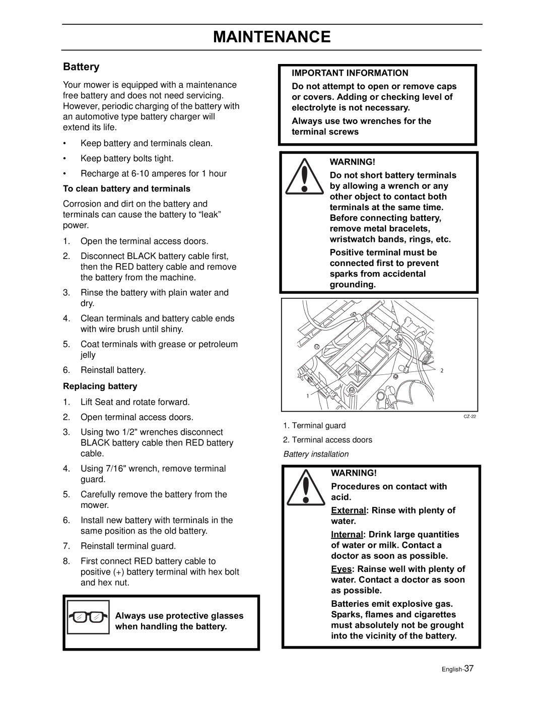 Yazoo/Kees ZEKH48240, ZEKH52240, ZEKH42200 manual Battery, To clean battery and terminals, Replacing battery 