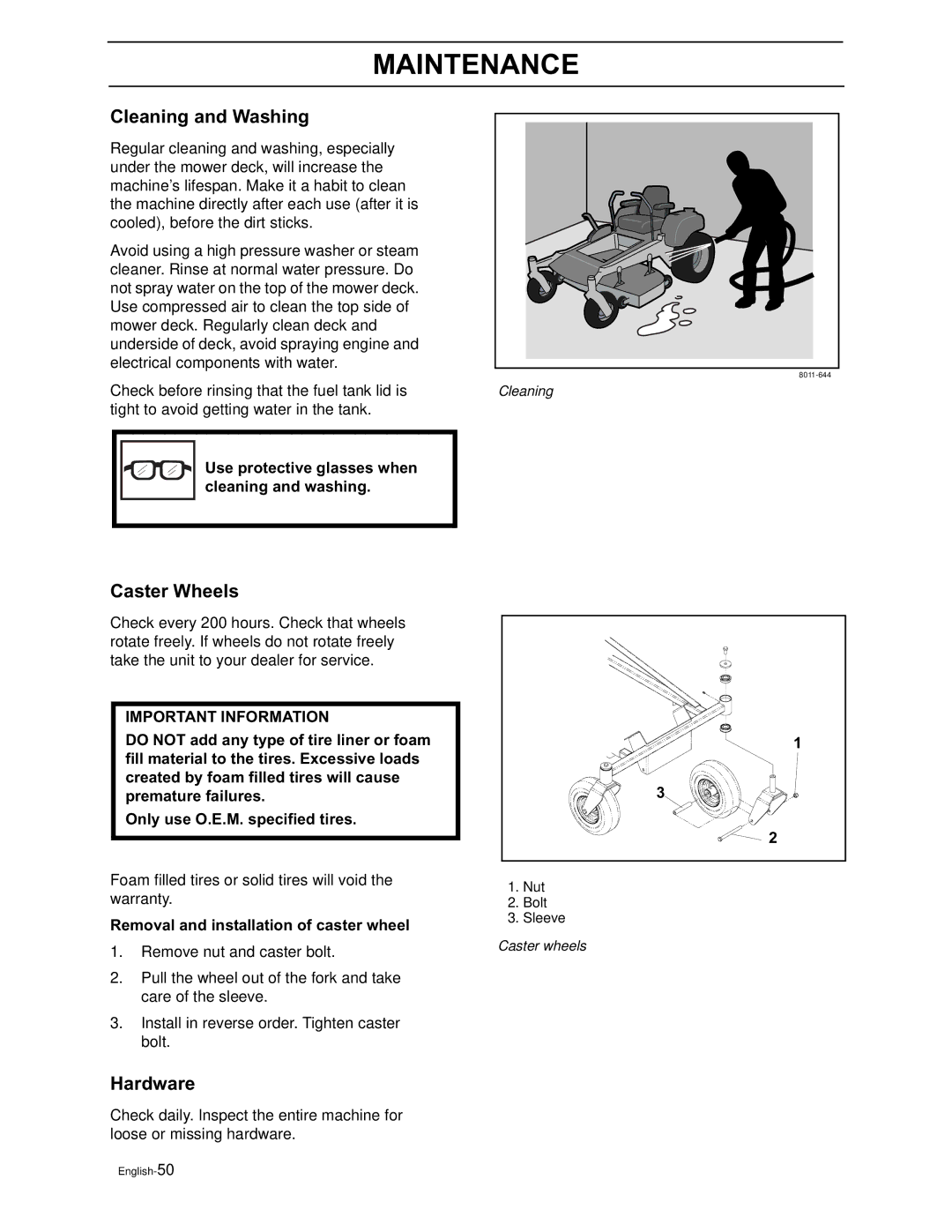 Yazoo/Kees ZEKH52240 manual Cleaning and Washing, Caster Wheels, Hardware, Use protective glasses when cleaning and washing 