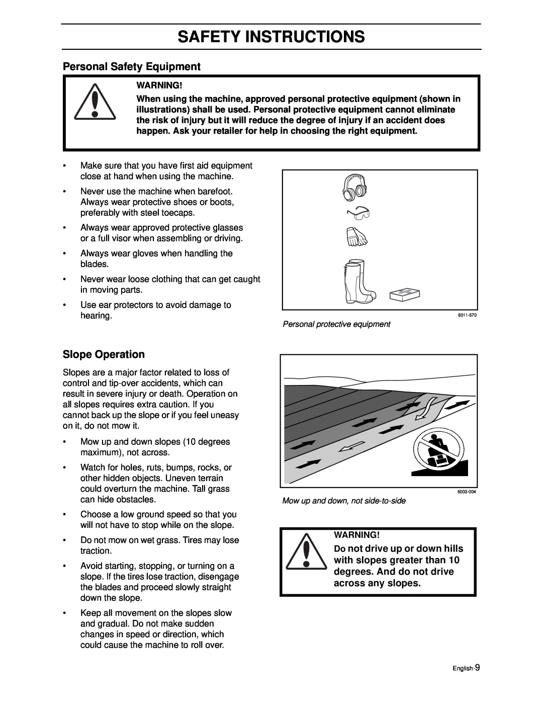 Yazoo/Kees ZEKW42170, ZEKW52210 manual Personal Safety Equipment, Slope Operation, Safety Instructions 