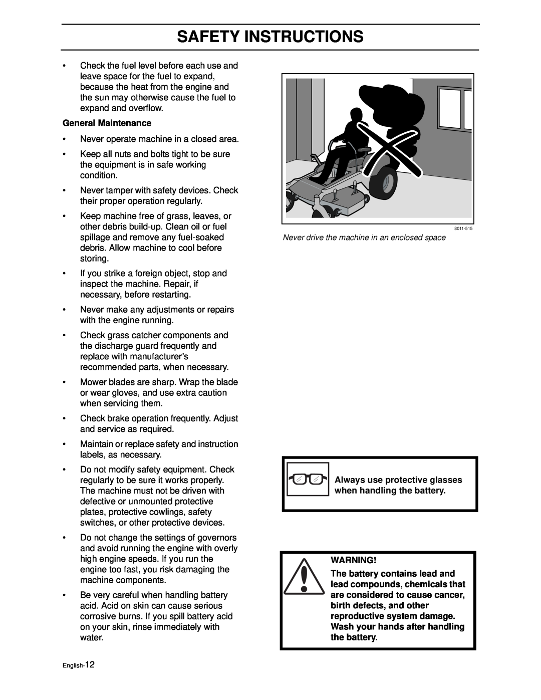 Yazoo/Kees ZEKW42170, ZEKW52210 manual Safety Instructions, General Maintenance 