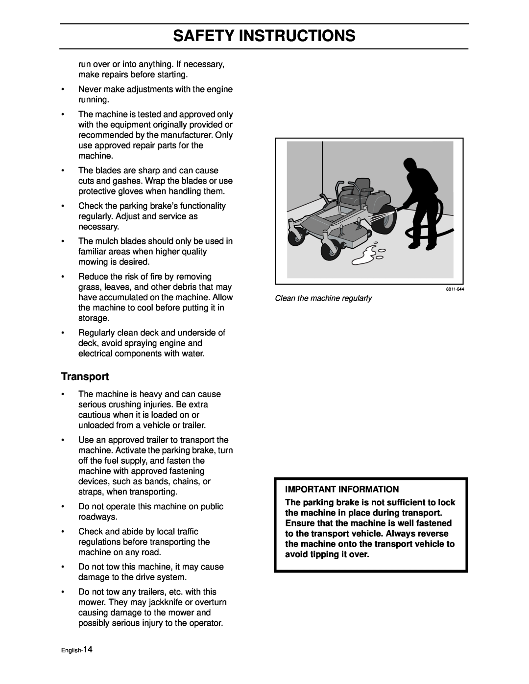 Yazoo/Kees ZEKW42170, ZEKW52210 manual Transport, Safety Instructions, Important Information 