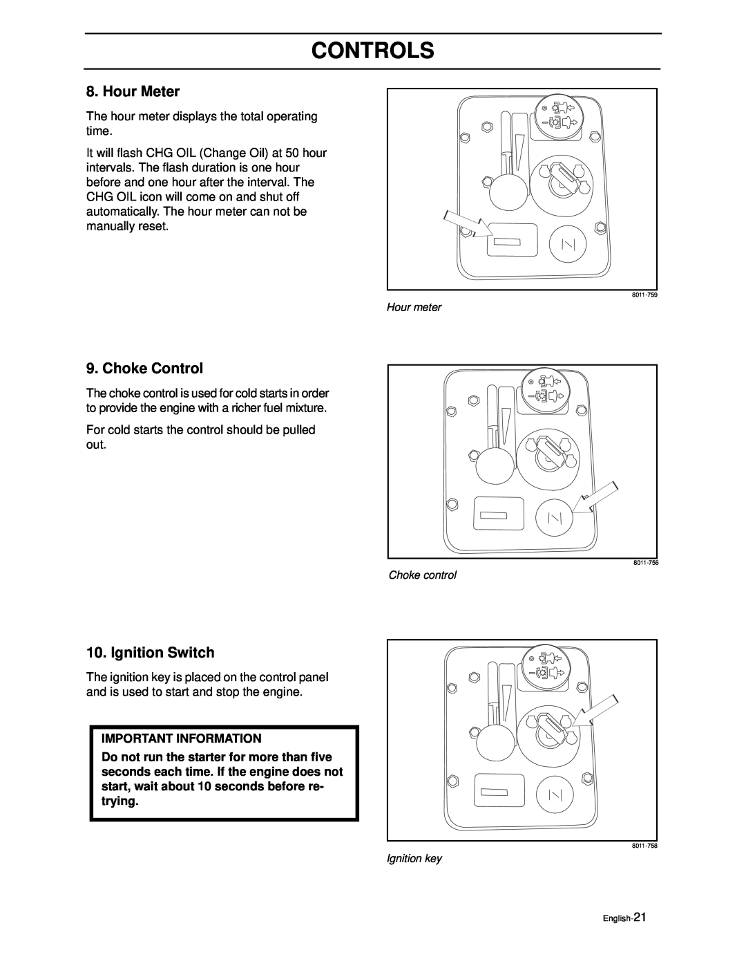 Yazoo/Kees ZEKW42170, ZEKW52210 manual Hour Meter, Choke Control, Ignition Switch, Controls, Important Information 
