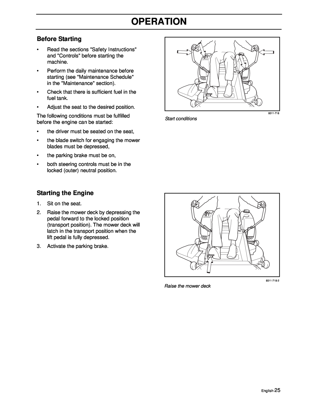 Yazoo/Kees ZEKW42170, ZEKW52210 manual Before Starting, Starting the Engine, Operation 