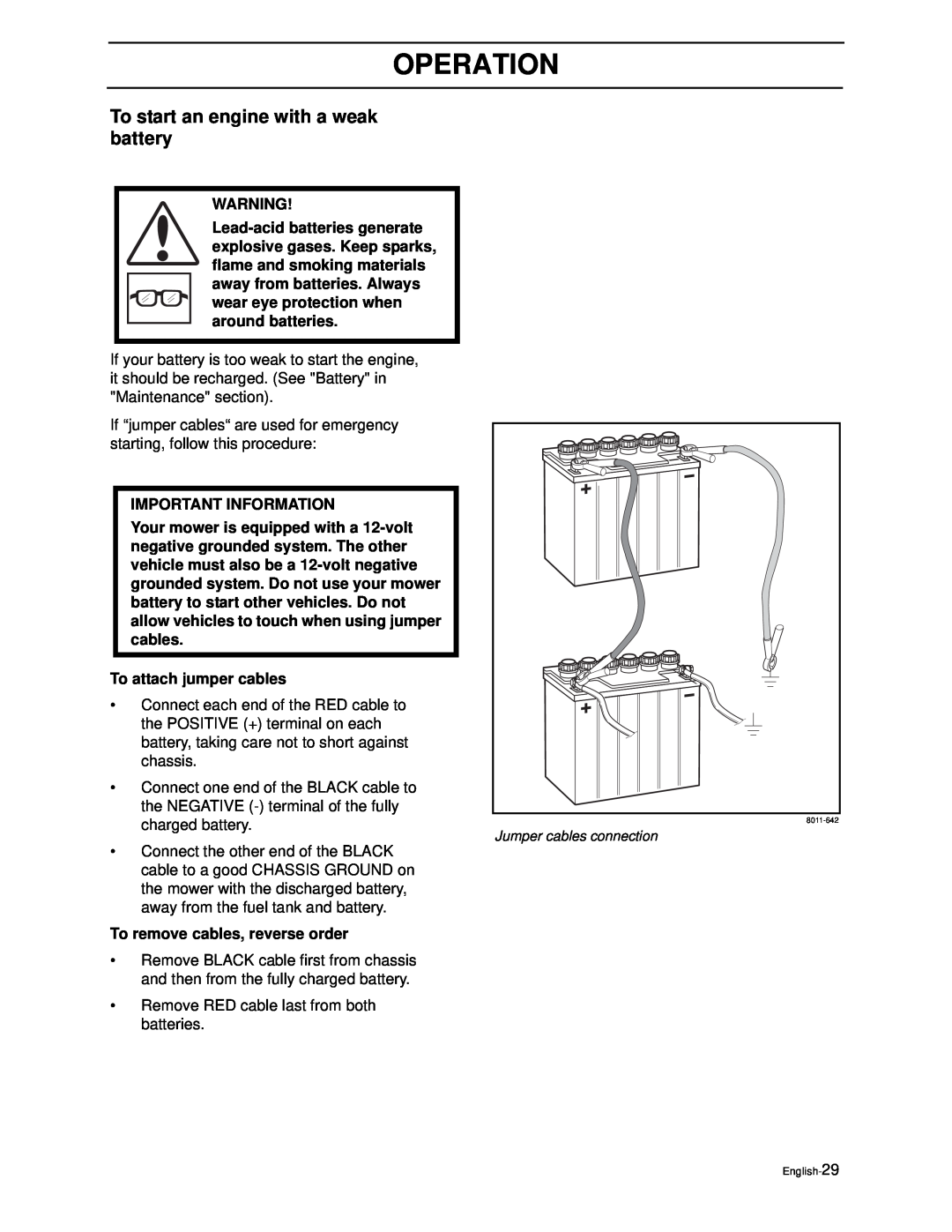 Yazoo/Kees ZEKW42170, ZEKW52210 manual To start an engine with a weak battery, Operation 