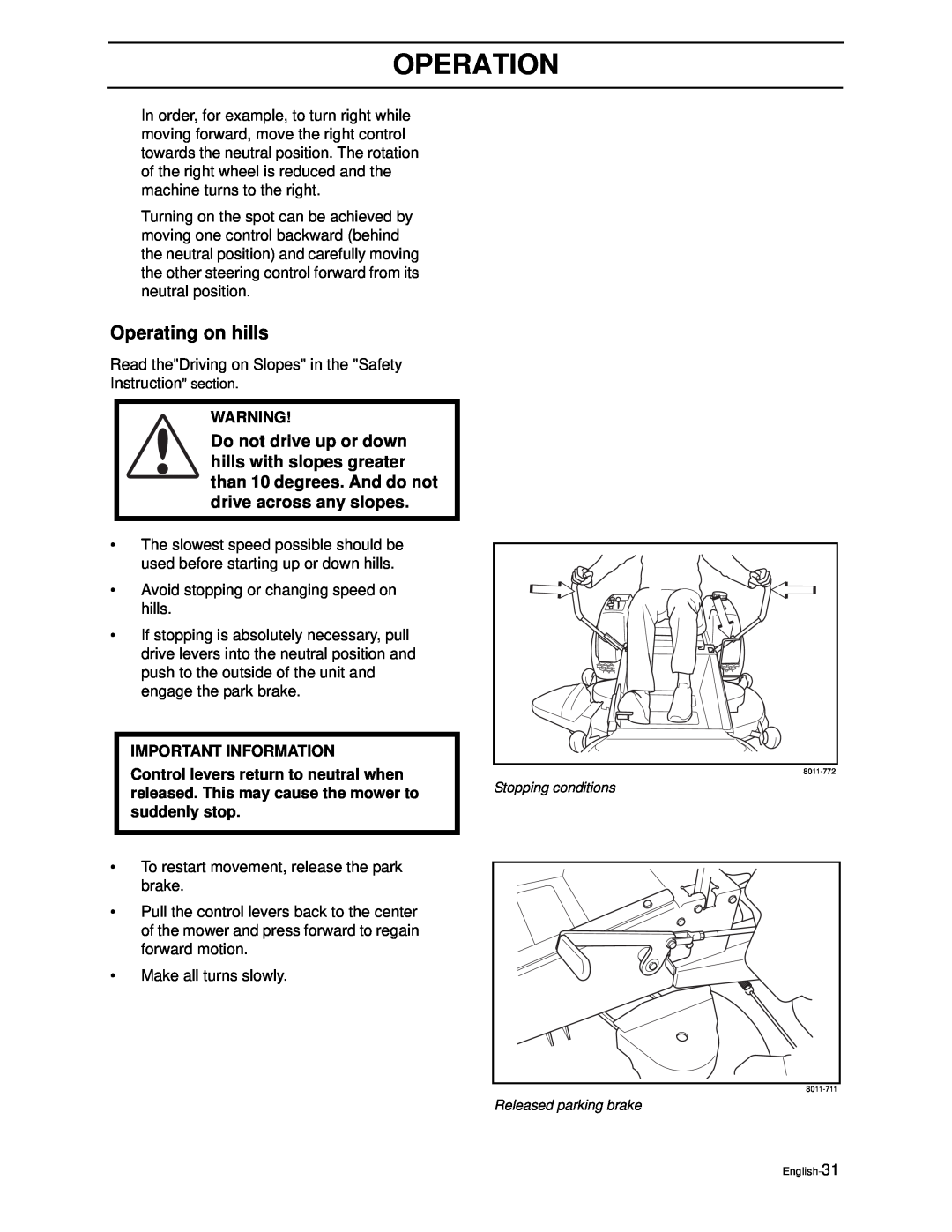 Yazoo/Kees ZEKW42170, ZEKW52210 manual Operating on hills, Operation, Important Information 