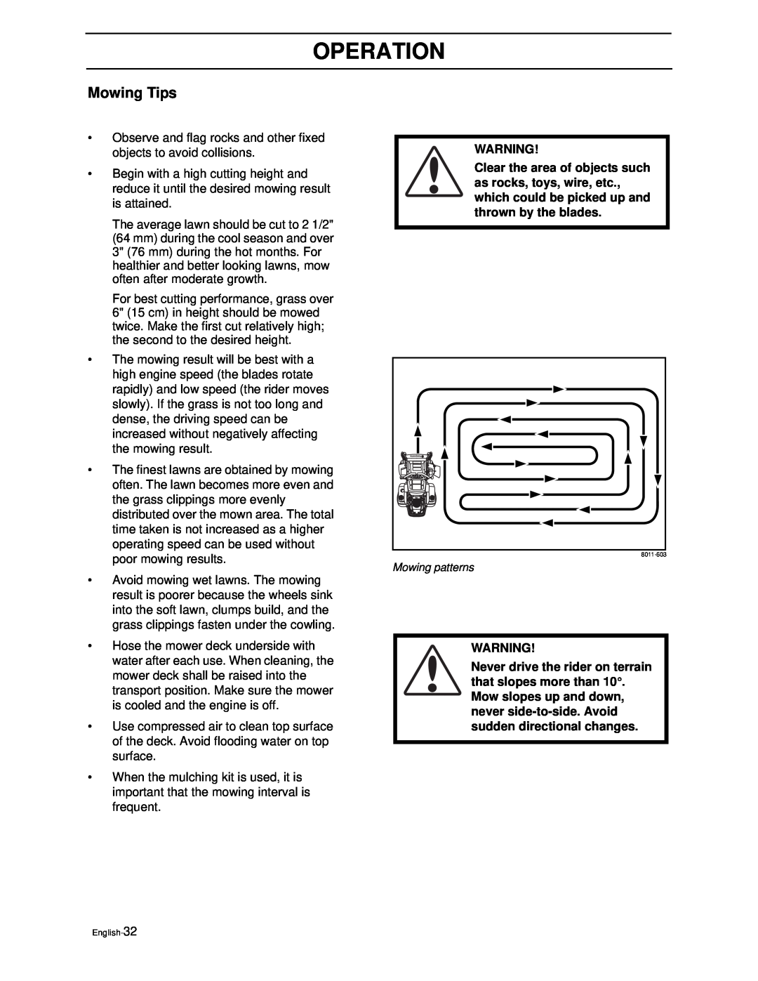 Yazoo/Kees ZEKW42170, ZEKW52210 manual Mowing Tips, Operation, Mowing patterns 