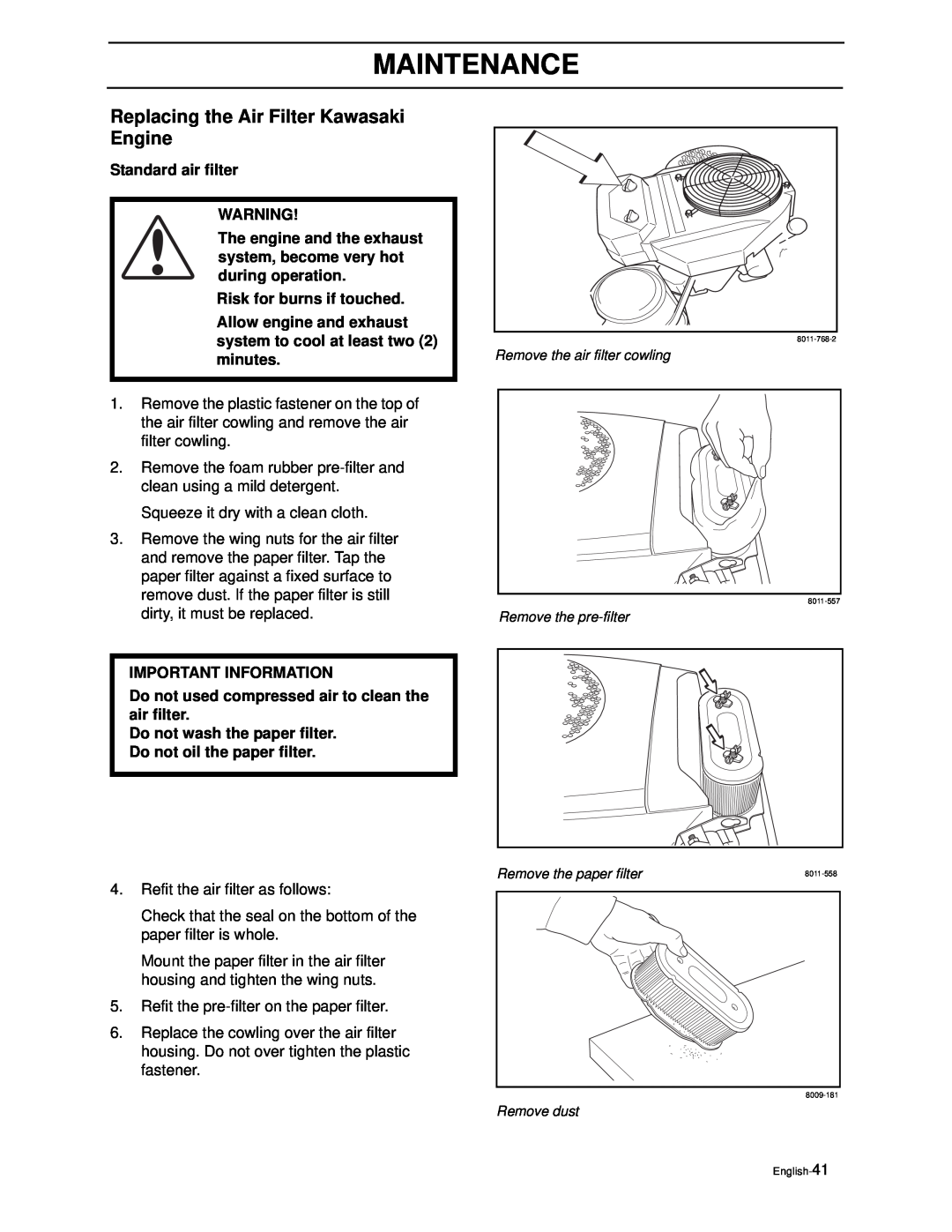 Yazoo/Kees ZEKW42170, ZEKW52210 manual Replacing the Air Filter Kawasaki Engine, Maintenance, Standard air filter 