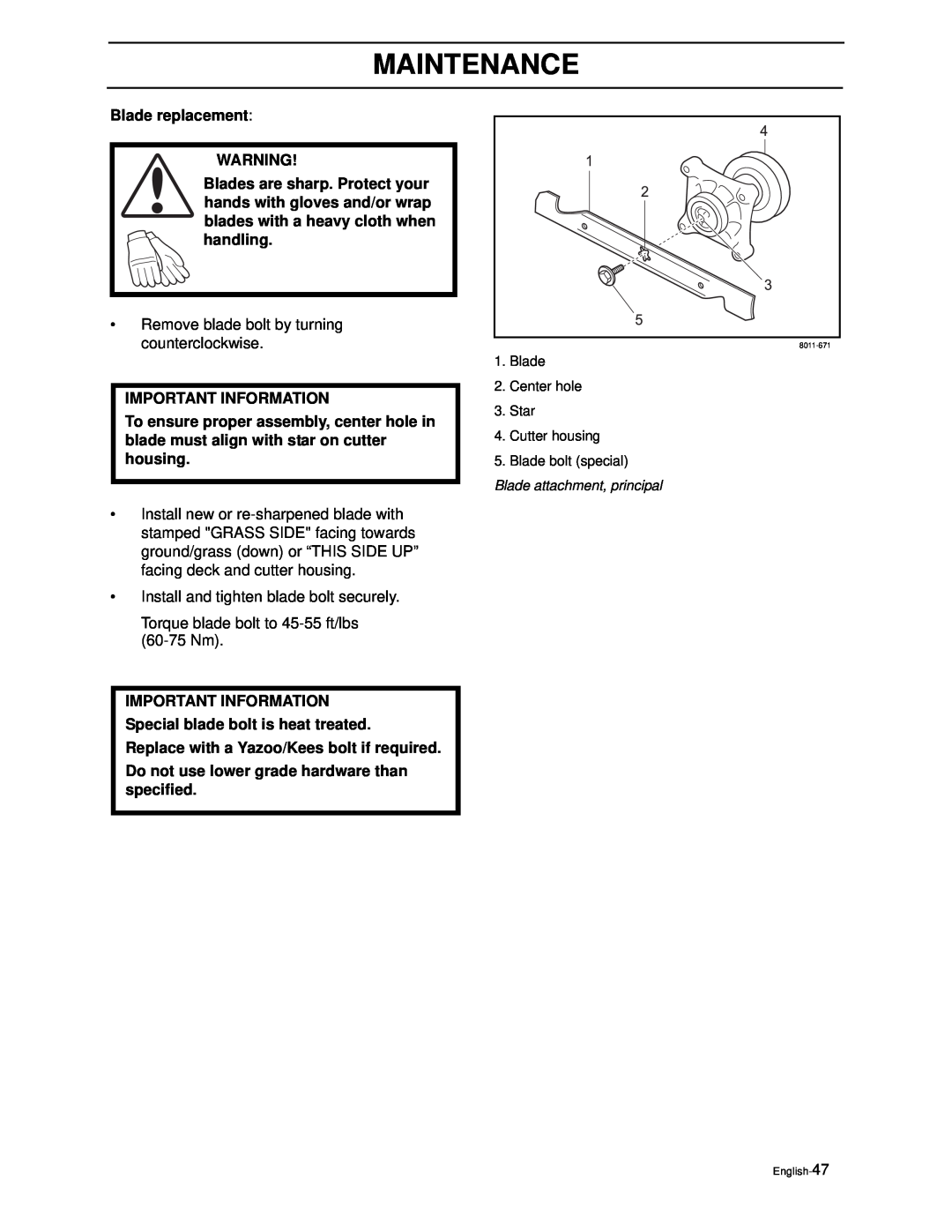 Yazoo/Kees ZEKW42170, ZEKW52210 manual Maintenance, Blade replacement 