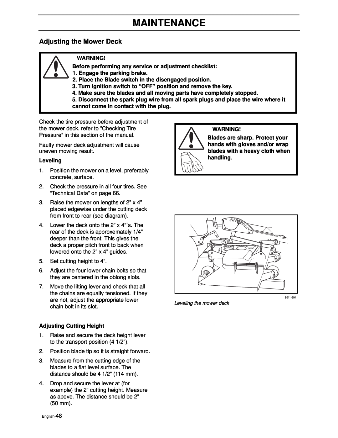 Yazoo/Kees ZEKW42170, ZEKW52210 manual Adjusting the Mower Deck, Maintenance 