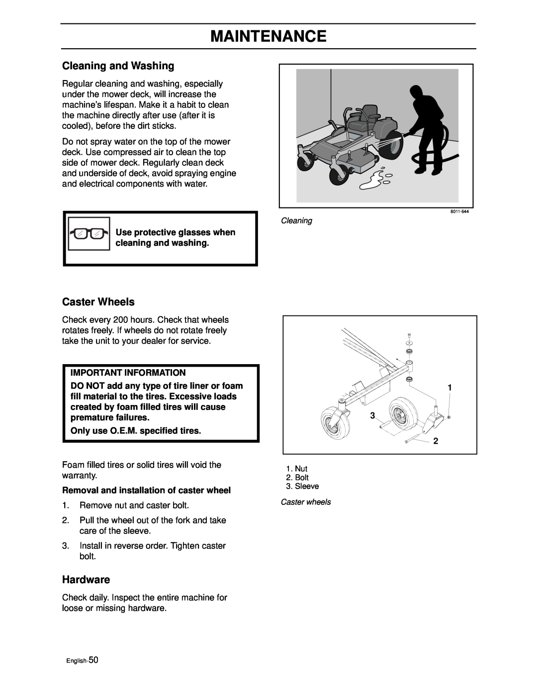 Yazoo/Kees ZEKW42170, ZEKW52210 manual Cleaning and Washing, Caster Wheels, Hardware, Maintenance, Important Information 