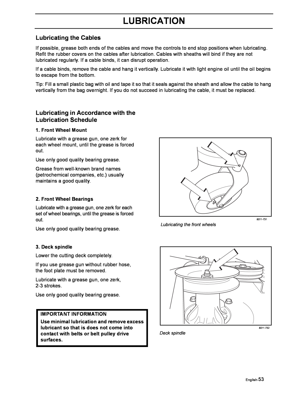 Yazoo/Kees ZEKW42170, ZEKW52210 Lubricating the Cables, Lubrication, Front Wheel Mount, Front Wheel Bearings, Deck spindle 