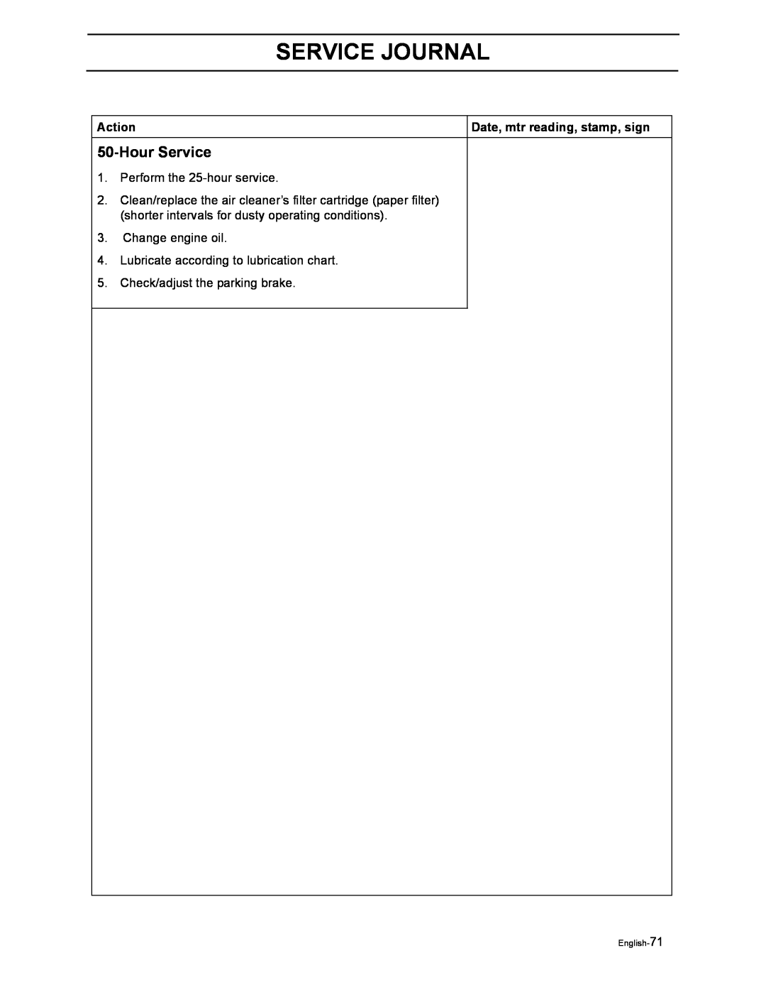 Yazoo/Kees ZEKW42170, ZEKW52210 HourService, Service Journal, Perform the 25-hourservice, Change engine oil, English-71 