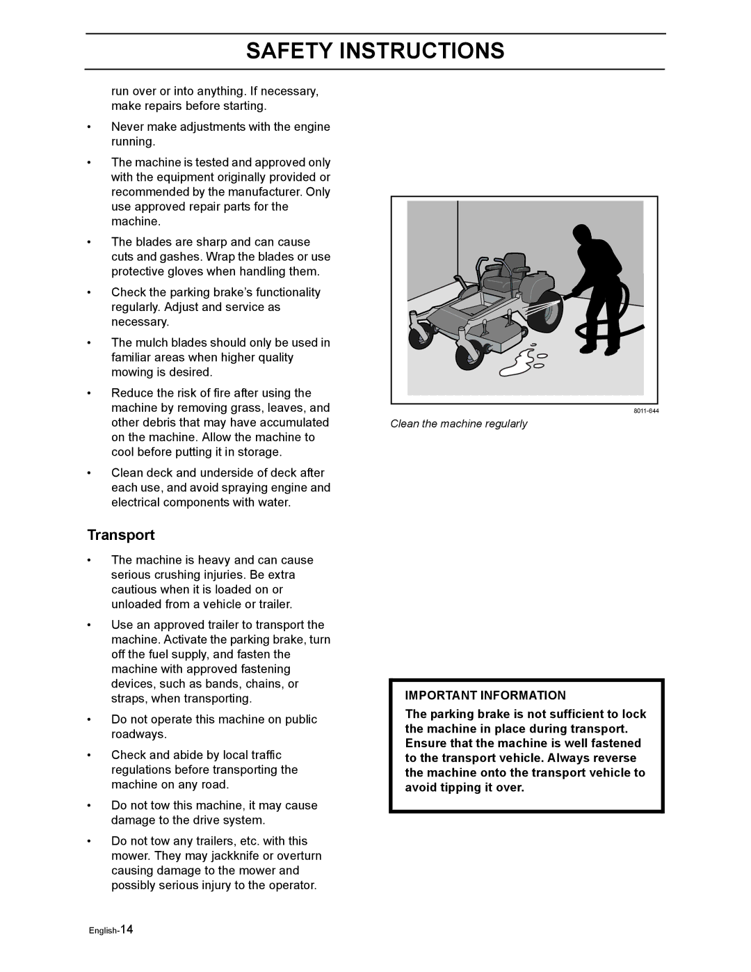 Yazoo/Kees ZEKW48190 manual Transport, Important Information 