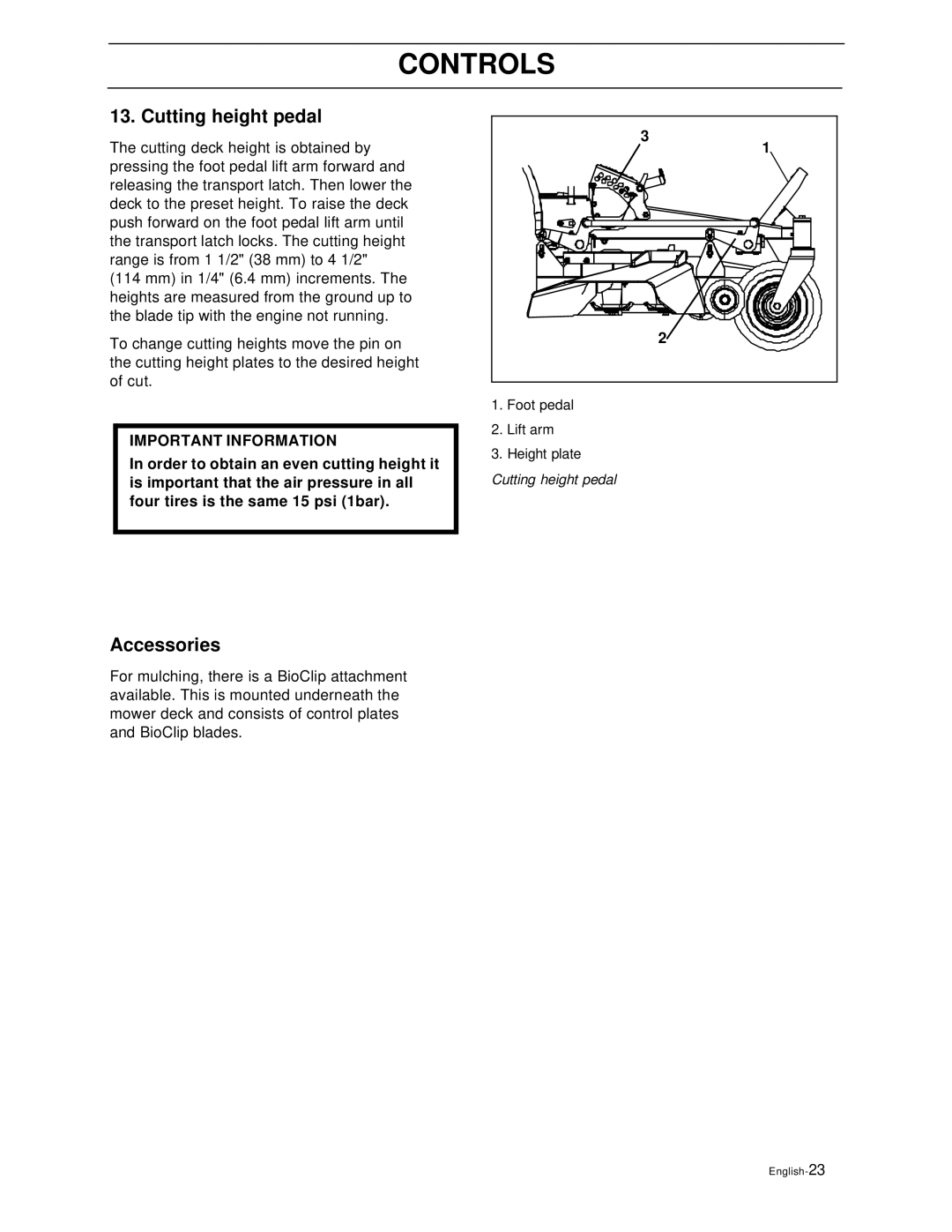 Yazoo/Kees ZEKW48190 manual Cutting height pedal, Accessories 