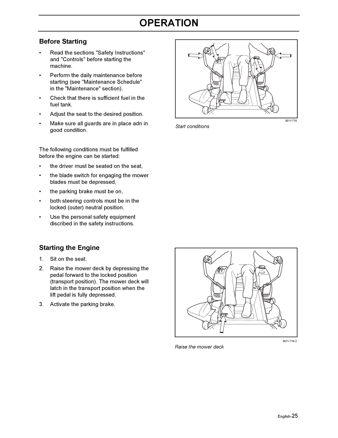 Yazoo/Kees ZEKW48190 manual Before Starting, Starting the Engine 