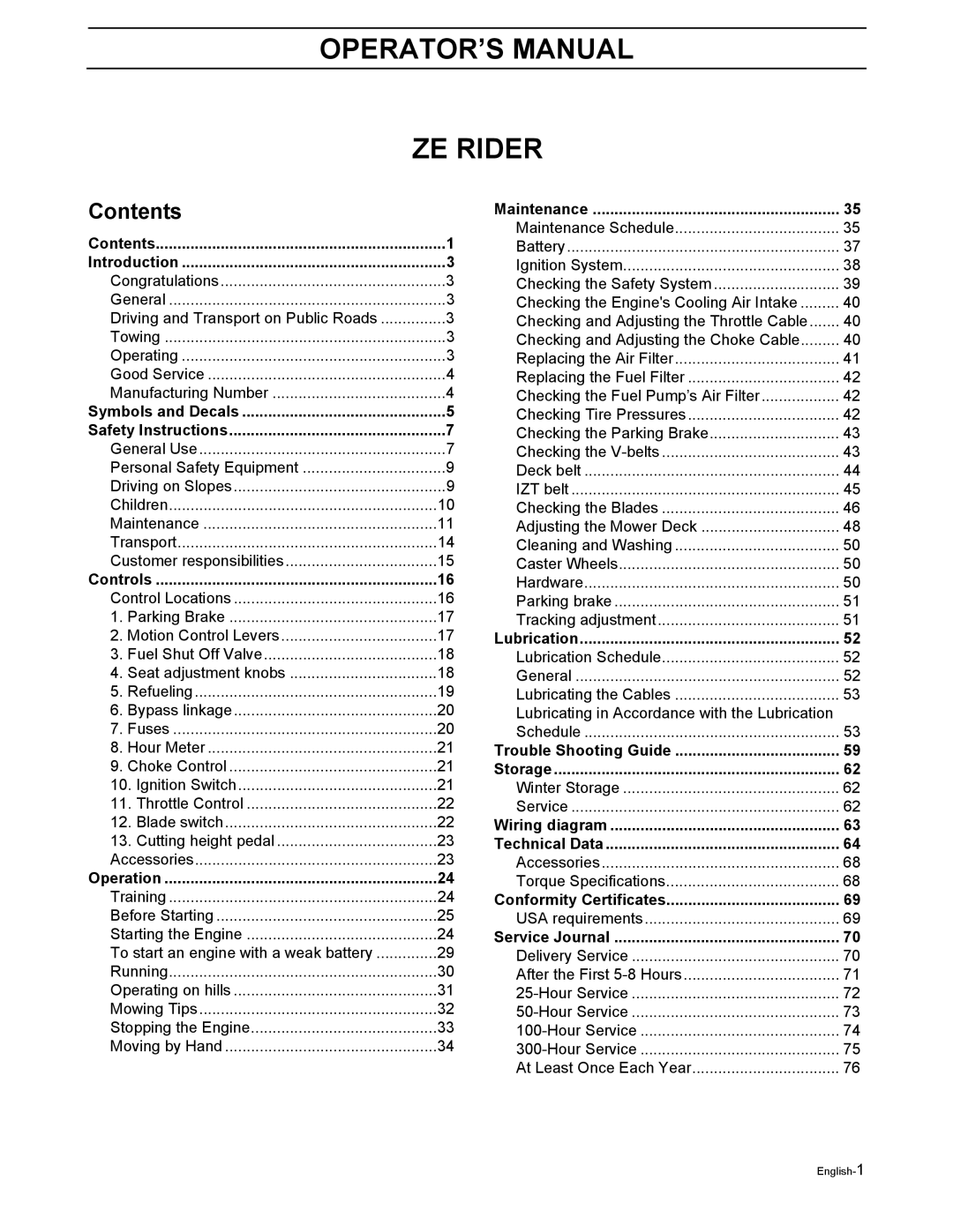 Yazoo/Kees ZEKW48190 manual OPERATOR’S Manual ZE Rider, Contents 