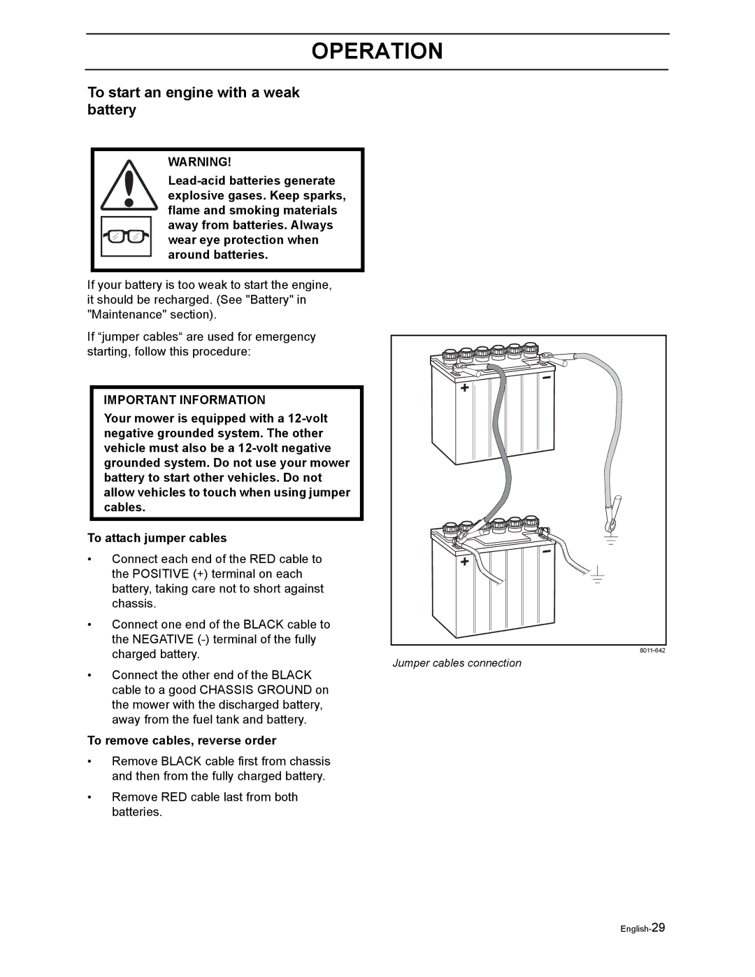 Yazoo/Kees ZEKW48190 manual To start an engine with a weak battery, To remove cables, reverse order 