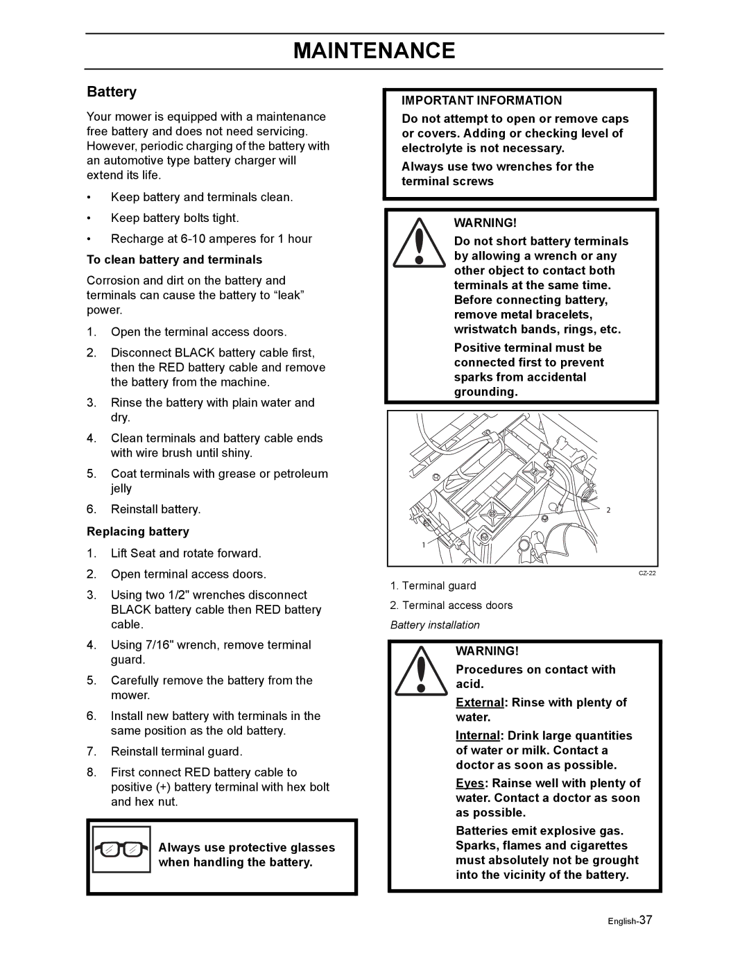 Yazoo/Kees ZEKW48190 manual Battery, To clean battery and terminals, Replacing battery 