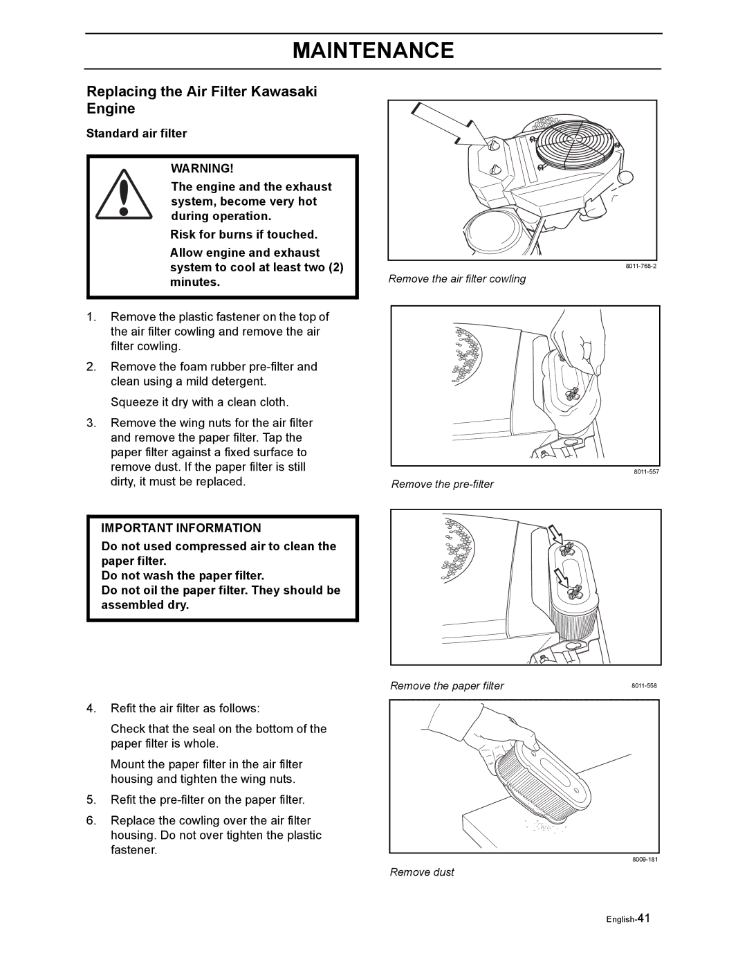 Yazoo/Kees ZEKW48190 manual Replacing the Air Filter Kawasaki Engine 