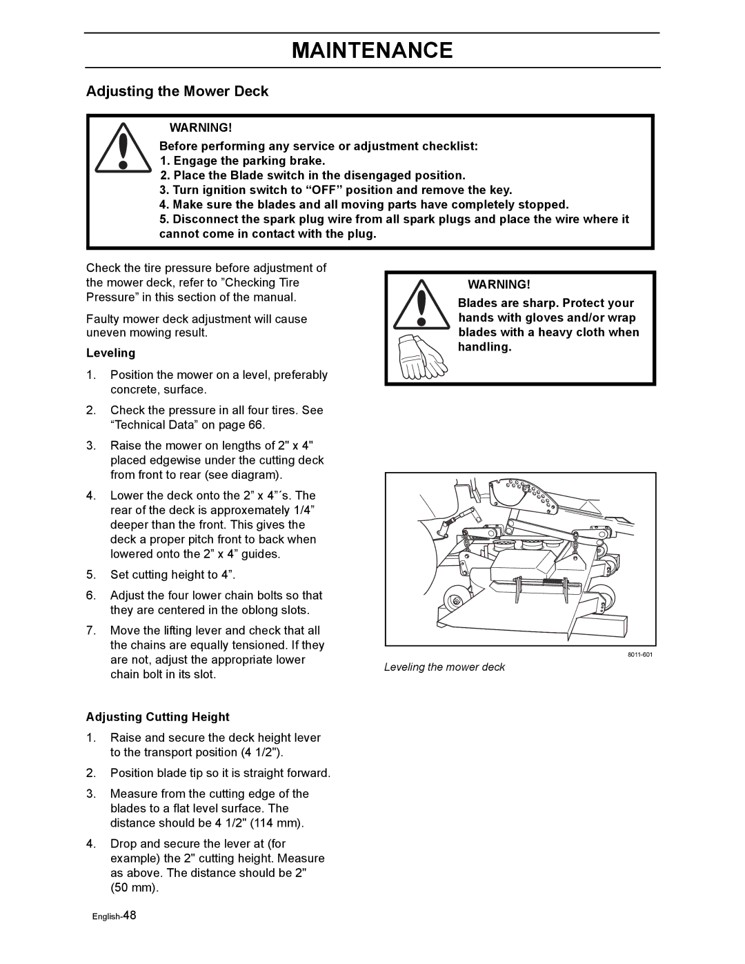 Yazoo/Kees ZEKW48190 manual Adjusting the Mower Deck, Leveling, Adjusting Cutting Height 