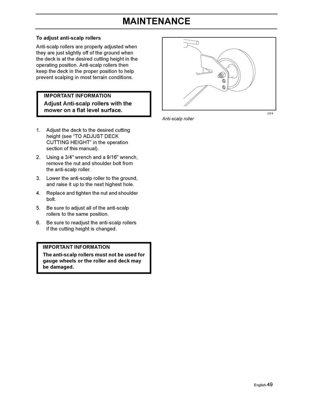 Yazoo/Kees ZEKW48190 manual To adjust anti-scalp rollers 