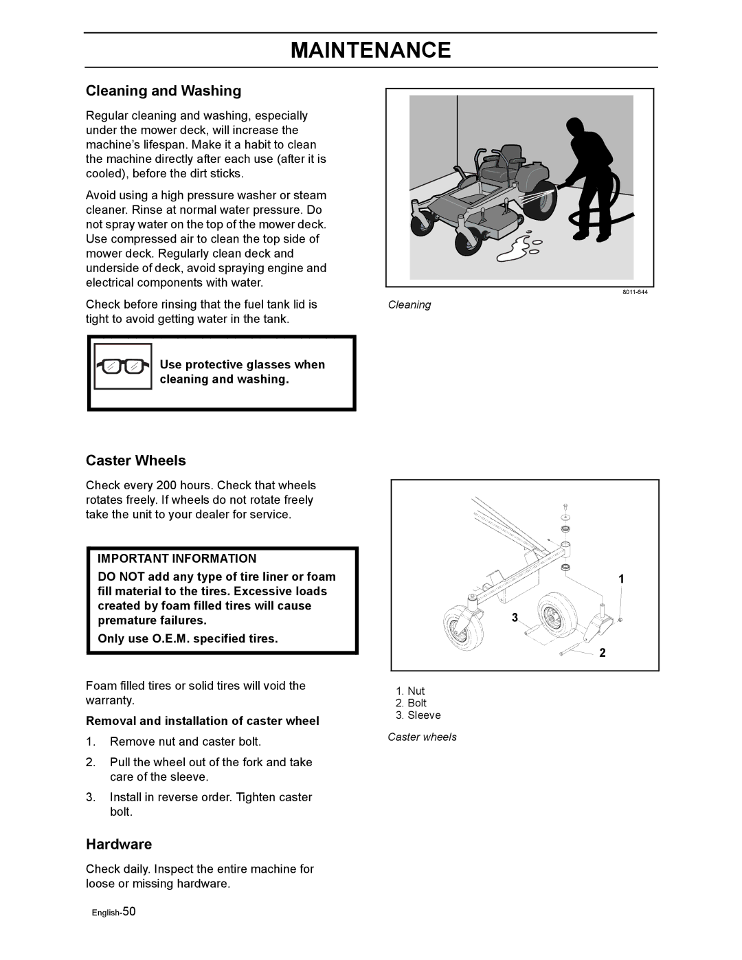 Yazoo/Kees ZEKW48190 manual Cleaning and Washing, Caster Wheels, Hardware, Use protective glasses when cleaning and washing 