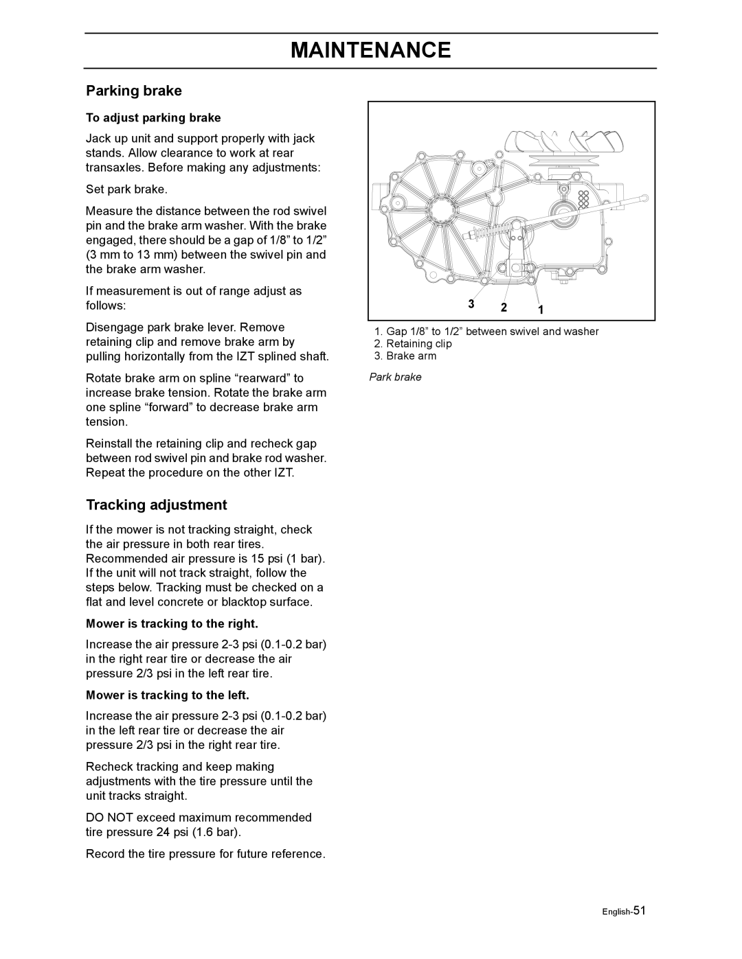 Yazoo/Kees ZEKW48190 manual Tracking adjustment, To adjust parking brake, Mower is tracking to the right 