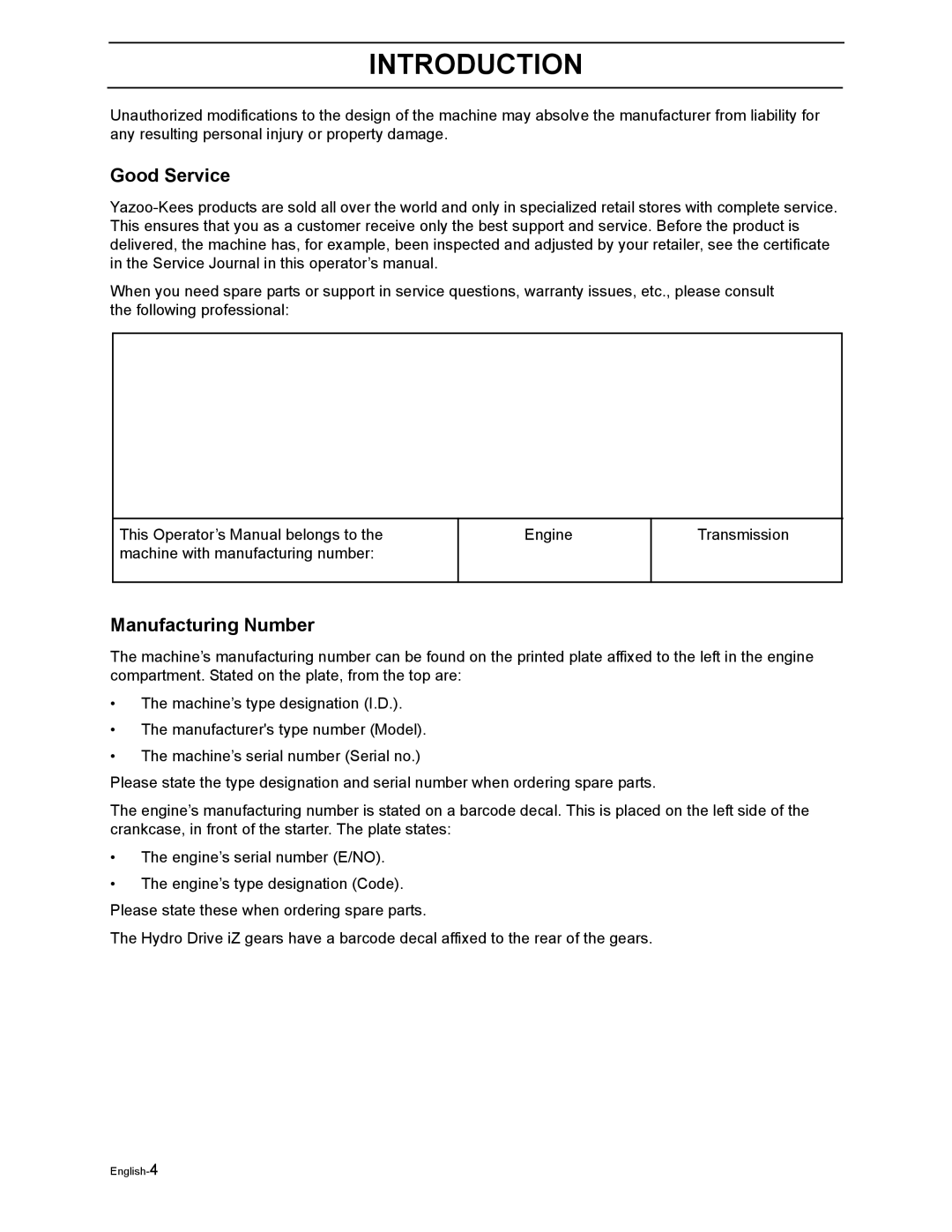 Yazoo/Kees ZEKW48190 manual Good Service, Manufacturing Number 