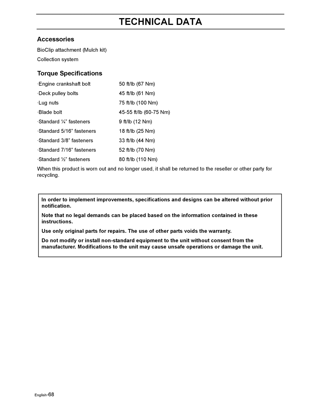 Yazoo/Kees ZEKW48190 manual Accessories, Torque Specifications 