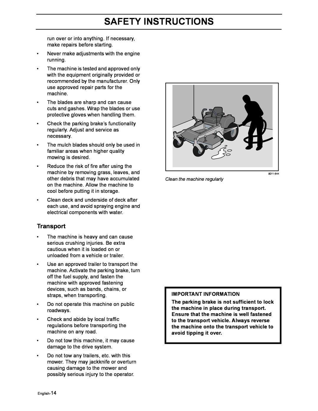 Yazoo/Kees ZEKW48190 manual Transport, Important Information, Safety Instructions 