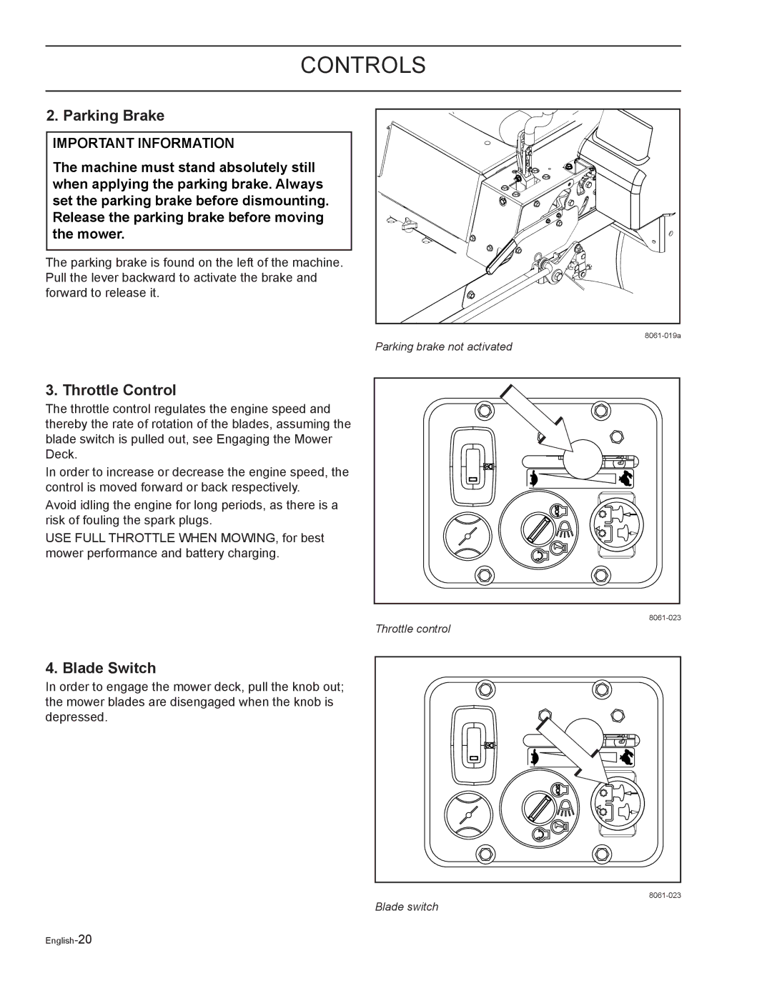 Yazoo/Kees ZELKH52250, ZELKH61250, ZELKH72270 manual Parking Brake, Throttle Control, Blade Switch 