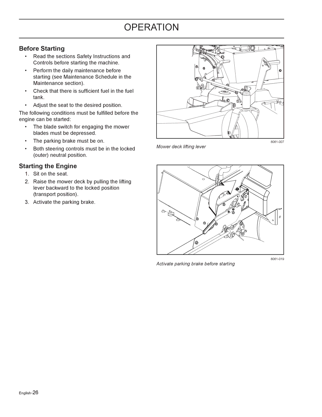 Yazoo/Kees ZELKH52250, ZELKH61250, ZELKH72270 manual Before Starting, Starting the Engine 