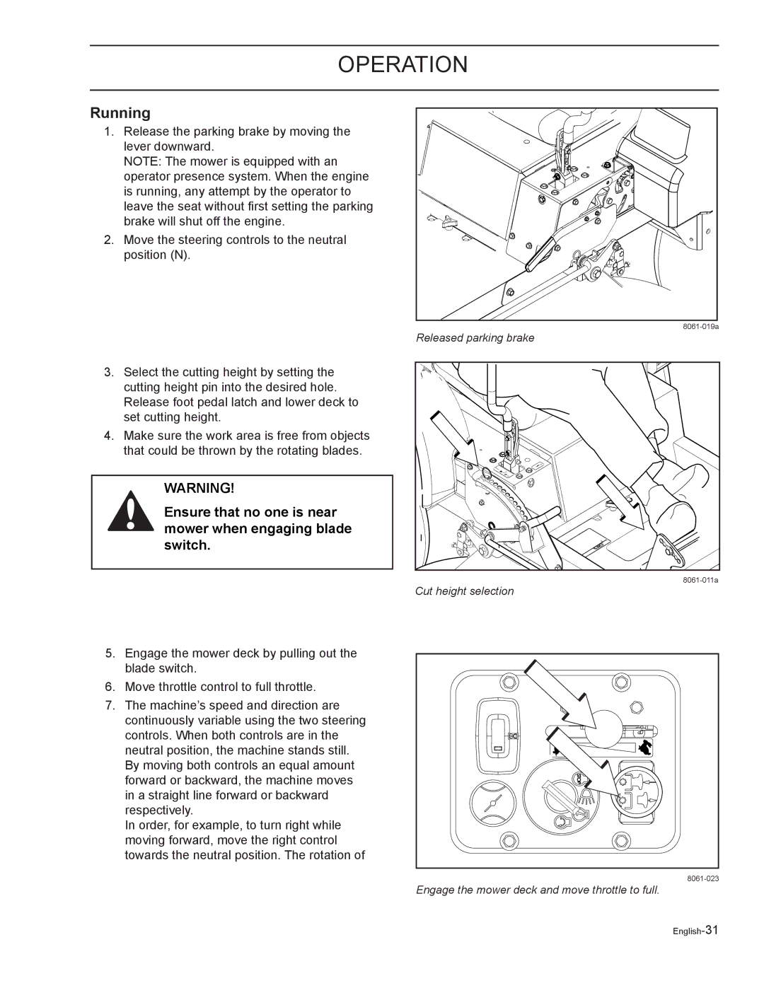 Yazoo/Kees ZELKH72270, ZELKH61250, ZELKH52250 manual Running, Ensure that no one is near mower when engaging blade switch 