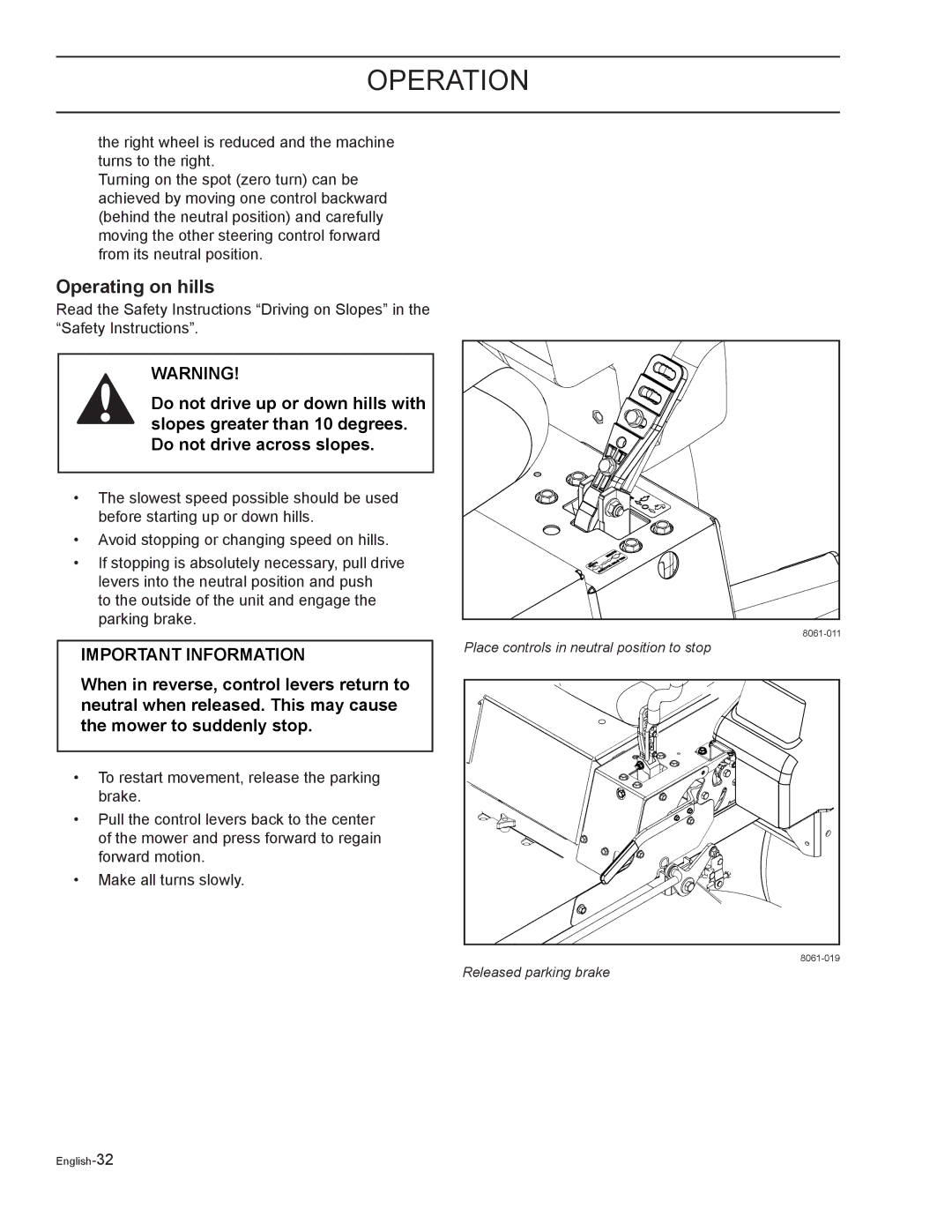 Yazoo/Kees ZELKH52250, ZELKH61250, ZELKH72270 manual Operating on hills 