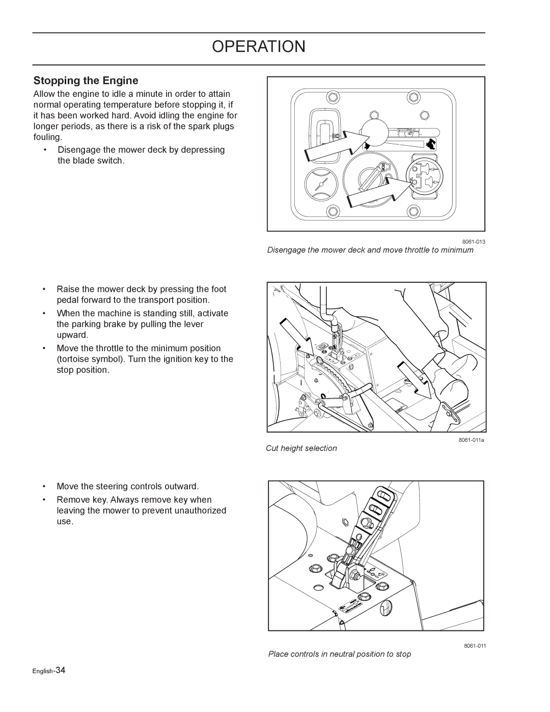 Yazoo/Kees ZELKH72270, ZELKH61250, ZELKH52250 manual Stopping the Engine 