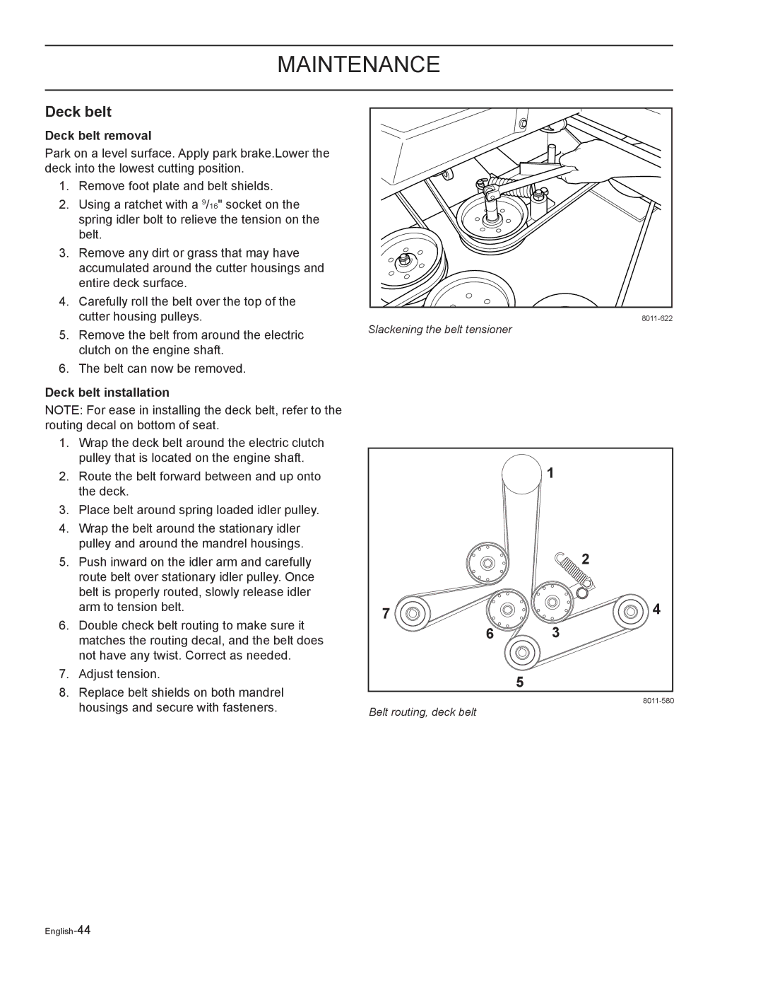 Yazoo/Kees ZELKH52250, ZELKH61250, ZELKH72270 manual Deck belt removal, Deck belt installation 