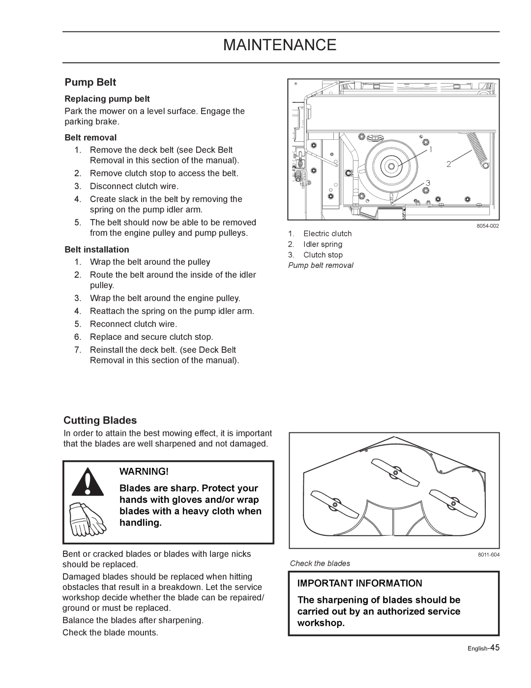 Yazoo/Kees ZELKH61250, ZELKH72270 manual Pump Belt, Cutting Blades, Replacing pump belt, Belt removal, Belt installation 