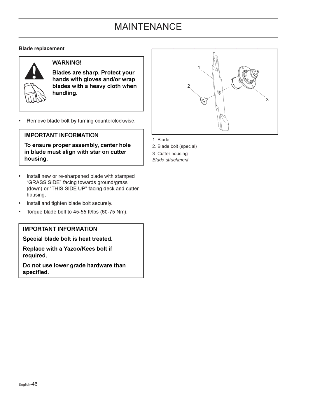 Yazoo/Kees ZELKH72270, ZELKH61250, ZELKH52250 manual Blade replacement 