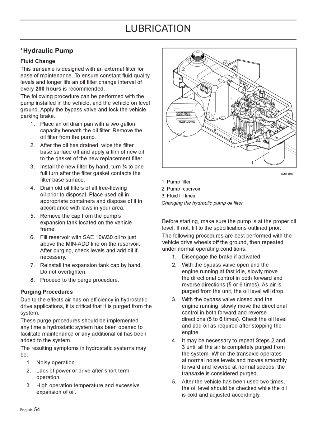 Yazoo/Kees ZELKH61250, ZELKH72270, ZELKH52250 manual Hydraulic Pump, Fluid Change, Purging Procedures 