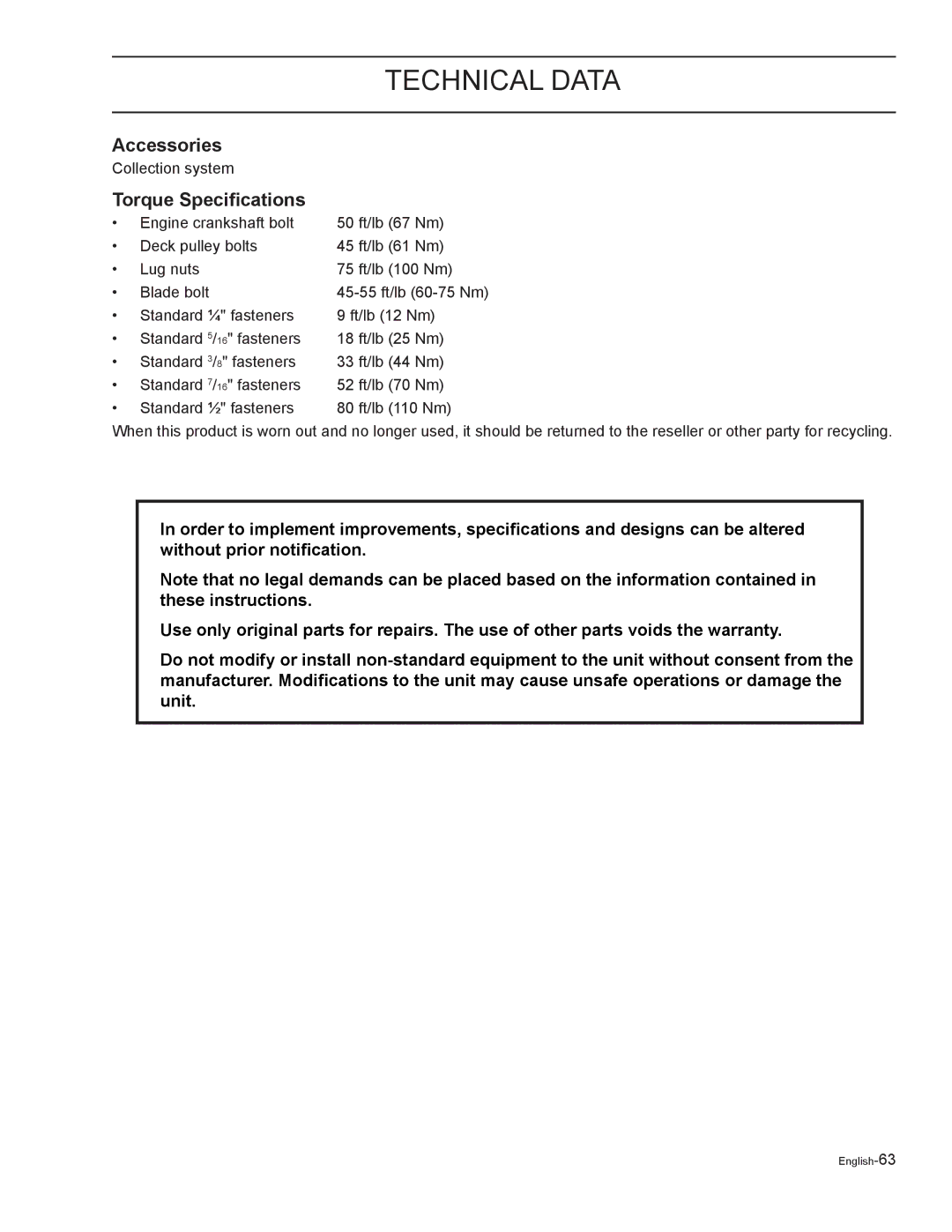 Yazoo/Kees ZELKH61250, ZELKH72270, ZELKH52250 manual Accessories, Torque Specifications 