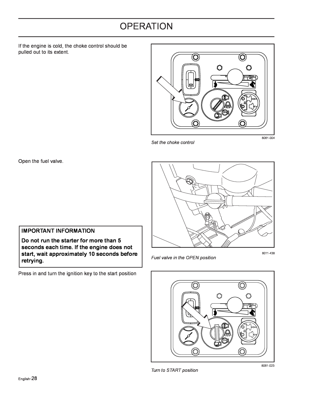 Yazoo/Kees ZELKH72270 operation, Important Information, Set the choke control, Fuel valve in the OPEN position, 8061-004 