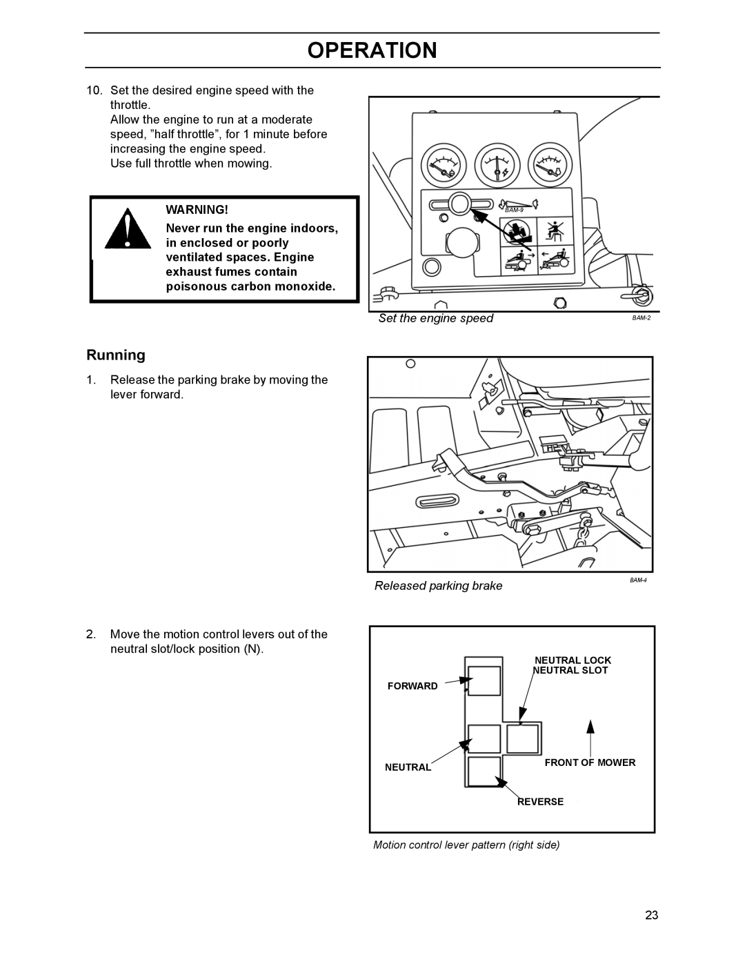 Yazoo/Kees ZHDD61270, ZHDD61340, ZHDD72340 manual Running, Released parking brake 