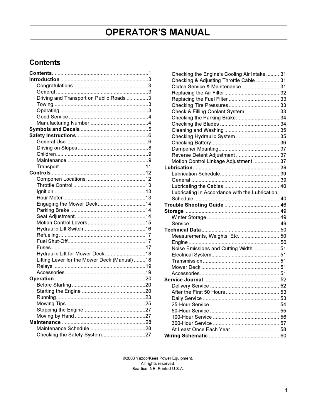 Yazoo/Kees ZHDD61270, ZHDD61340, ZHDD72340 manual OPERATOR’S Manual, Contents 