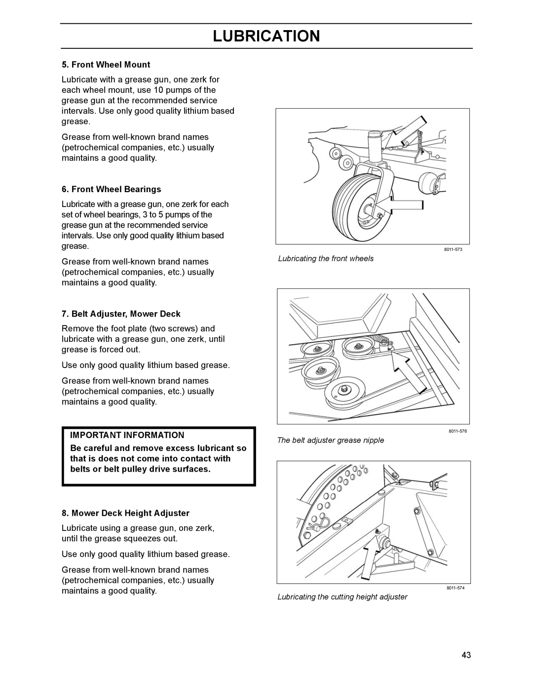 Yazoo/Kees ZHDD61270, ZHDD61340, ZHDD72340 manual Front Wheel Mount, Front Wheel Bearings, Belt Adjuster, Mower Deck 