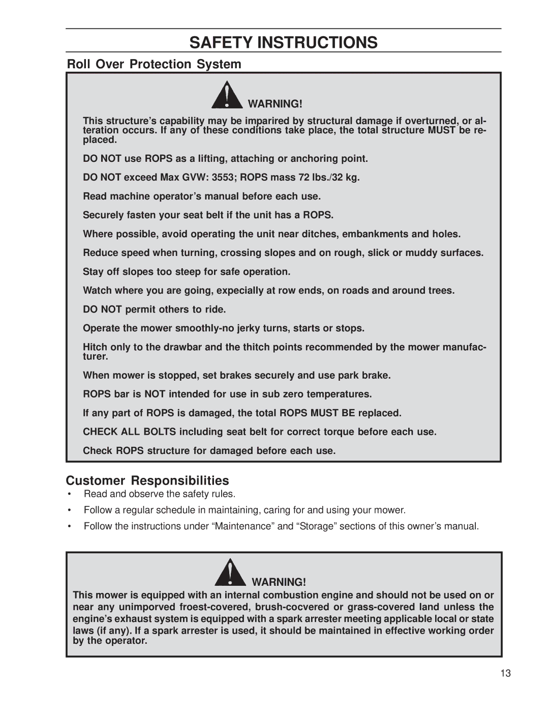 Yazoo/Kees ZHDD61271, ZHDD72341 manual Roll Over Protection System, Customer Responsibilities 