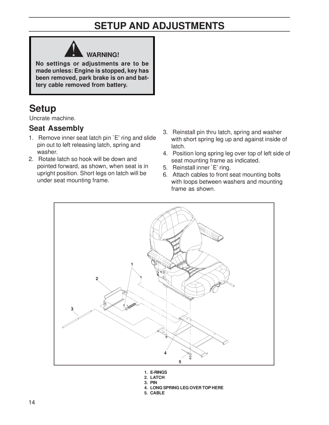 Yazoo/Kees ZHDD61271, ZHDD72341 manual Setup and Adjustments, Seat Assembly 