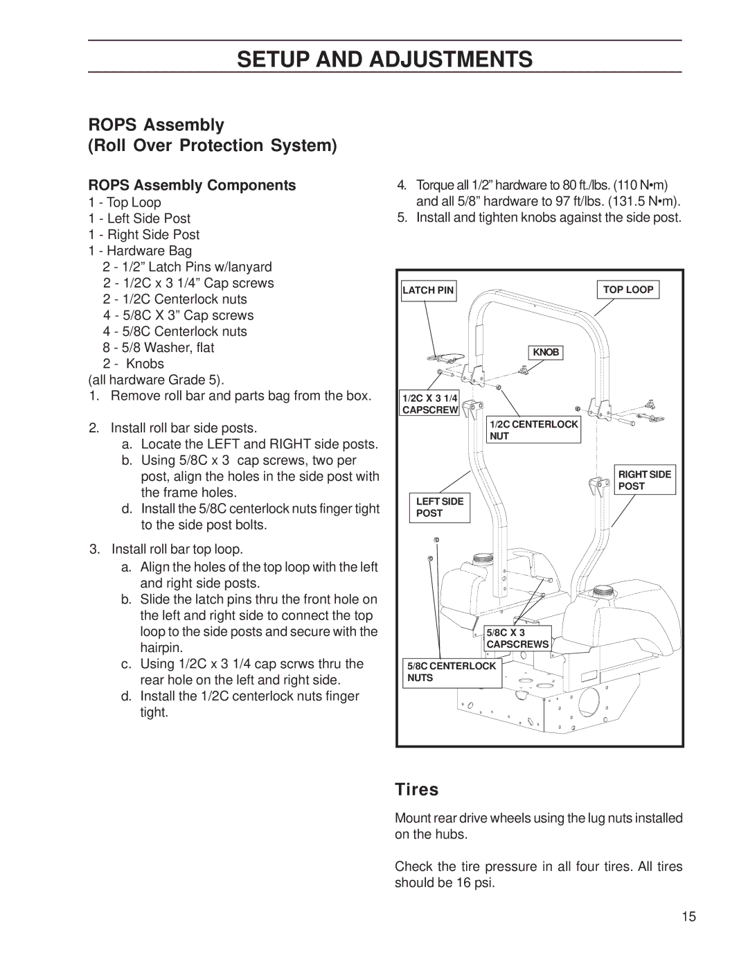 Yazoo/Kees ZHDD61271, ZHDD72341 manual Rops Assembly Roll Over Protection System, Tires 