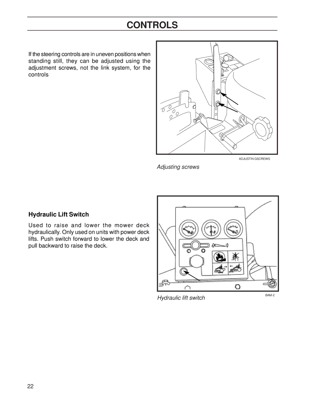 Yazoo/Kees ZHDD61271, ZHDD72341 manual Hydraulic Lift Switch, Adjusting screws, Hydraulic lift switch 