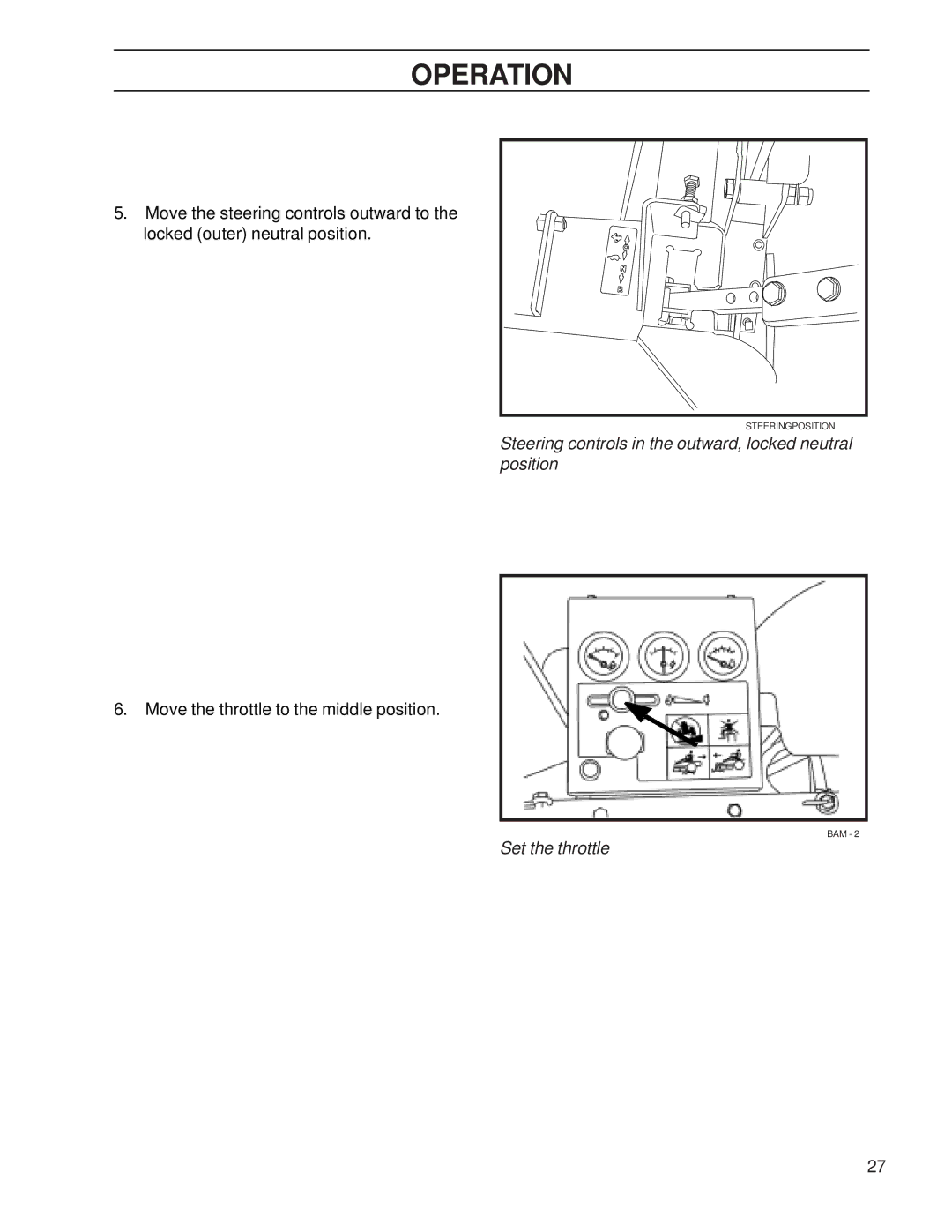 Yazoo/Kees ZHDD61271, ZHDD72341 manual Steering controls in the outward, locked neutral position, Set the throttle 