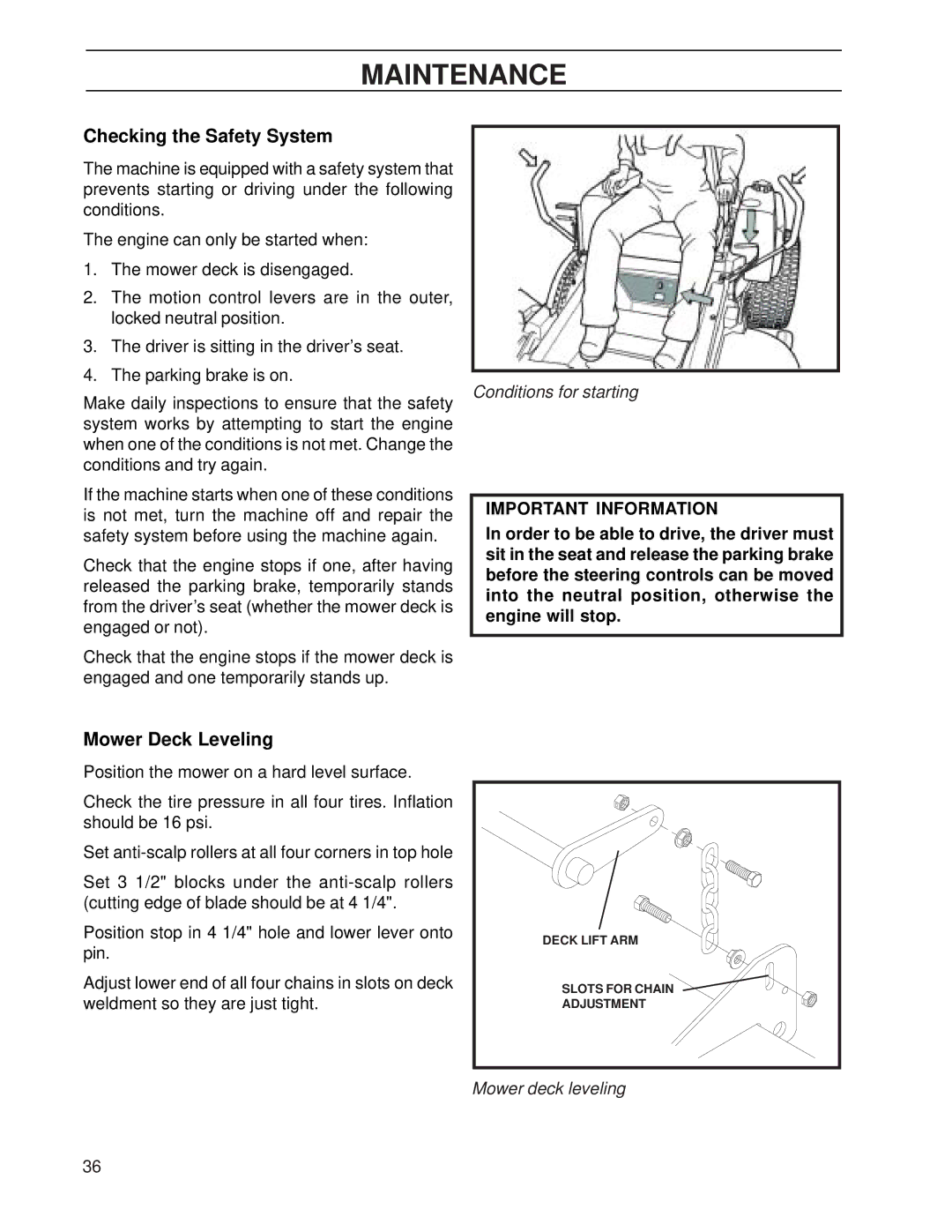 Yazoo/Kees ZHDD61271, ZHDD72341 manual Checking the Safety System, Mower Deck Leveling, Conditions for starting 